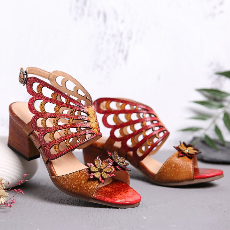 Leder Blumen Ausschnitte Schmetterlingsflügel Schnalle Slingback Sandalen Mit Blockabsatz