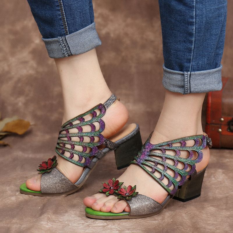 Leder Blumen Ausschnitte Schmetterlingsflügel Schnalle Slingback Sandalen Mit Blockabsatz