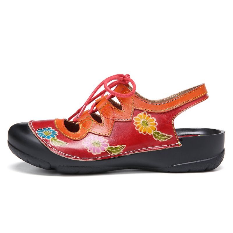 Leder Mit Blumenspleißen Ziernähten Schnürung Slingback-mules Clogs Flache Sandalen