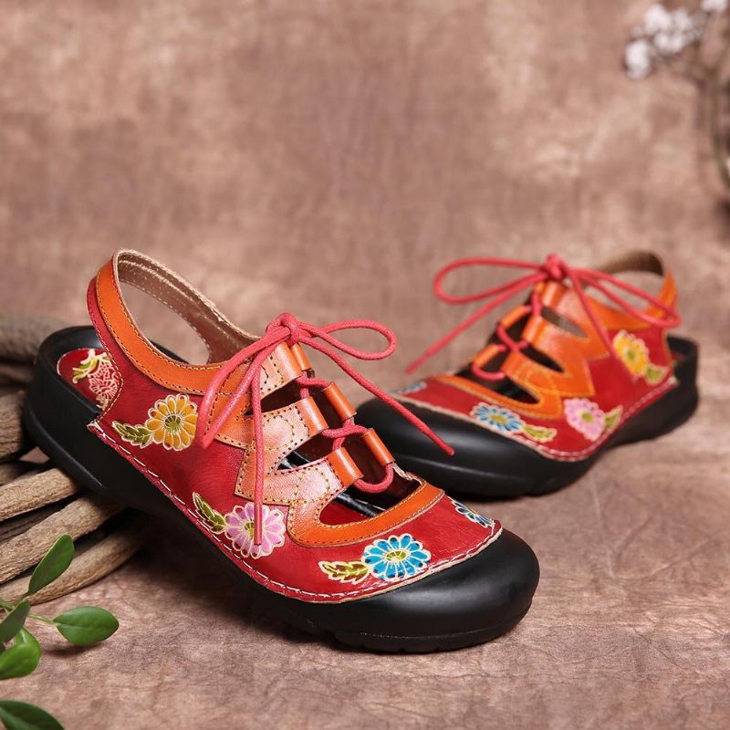 Leder Mit Blumenspleißen Ziernähten Schnürung Slingback-mules Clogs Flache Sandalen