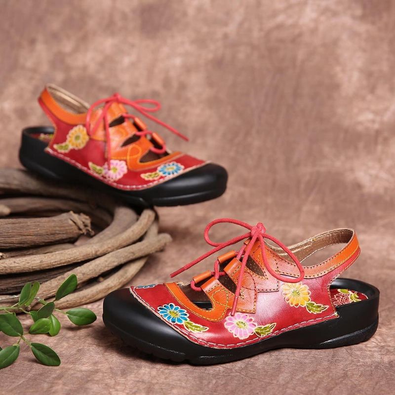 Leder Mit Blumenspleißen Ziernähten Schnürung Slingback-mules Clogs Flache Sandalen