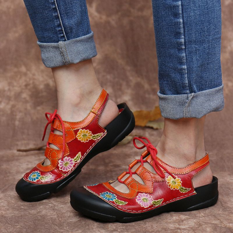 Leder Mit Blumenspleißen Ziernähten Schnürung Slingback-mules Clogs Flache Sandalen