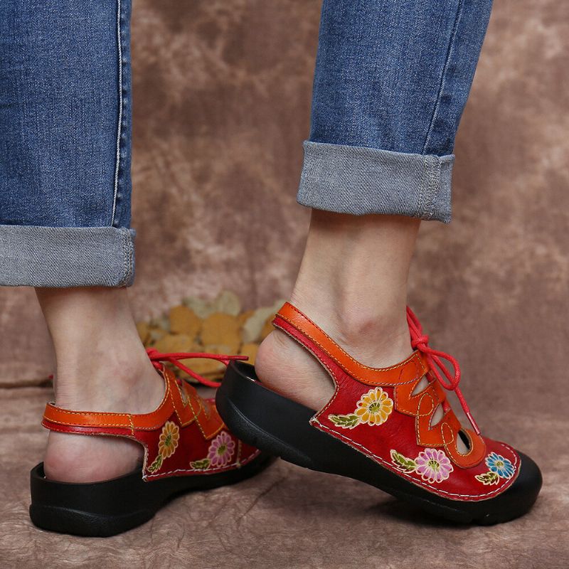 Leder Mit Blumenspleißen Ziernähten Schnürung Slingback-mules Clogs Flache Sandalen