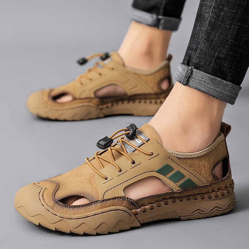 Männer Casual Closed Toe Elastic Band Hollow Outdoor Mikrofaser Leder Handgefertigte Sandalen