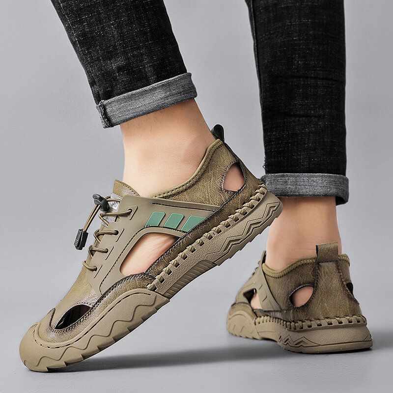 Männer Casual Closed Toe Elastic Band Hollow Outdoor Mikrofaser Leder Handgefertigte Sandalen