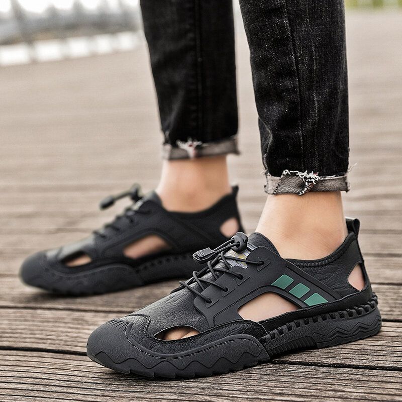 Männer Casual Closed Toe Elastic Band Hollow Outdoor Mikrofaser Leder Handgefertigte Sandalen