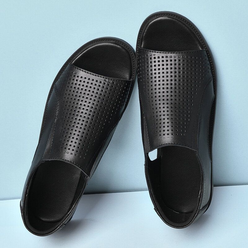 Männer Rindsleder Atmungsaktiv Aushöhlen Weicher Boden Geöffneter Zeh Slip-on Lässige Sandalen