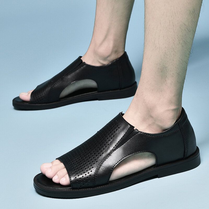 Männer Rindsleder Atmungsaktiv Aushöhlen Weicher Boden Geöffneter Zeh Slip-on Lässige Sandalen