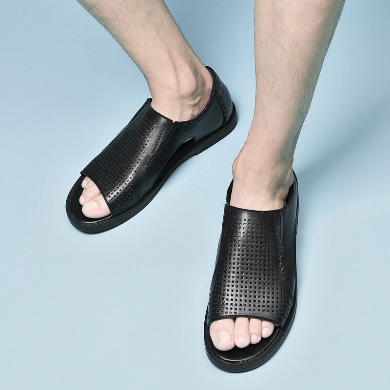 Männer Rindsleder Atmungsaktiv Aushöhlen Weicher Boden Geöffneter Zeh Slip-on Lässige Sandalen