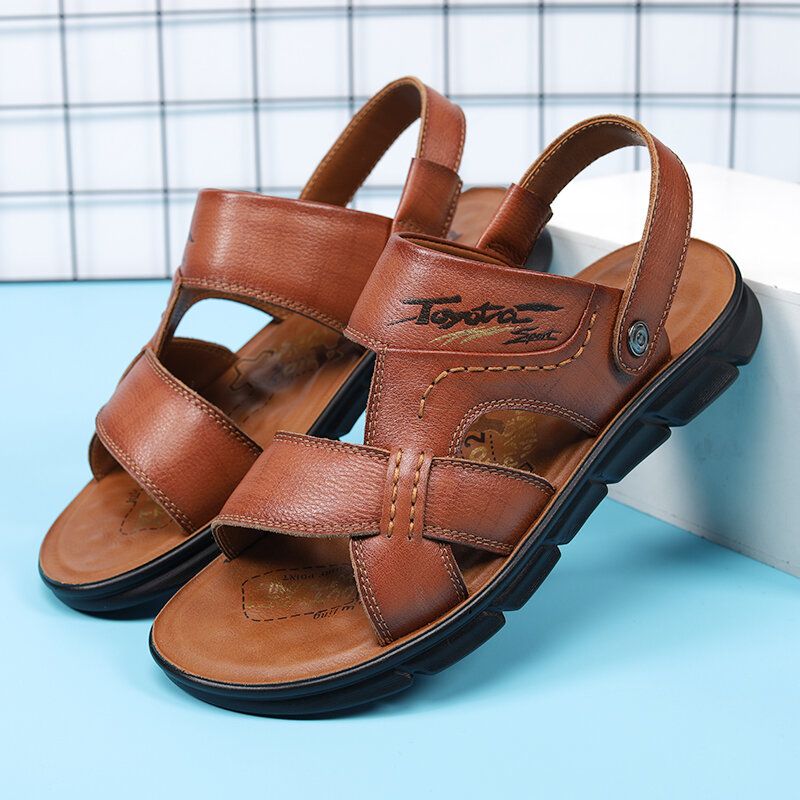 Männer Rindsleder Atmungsaktiv Geöffnet Rutschfeste Strand Casual Outdoor Sandalen