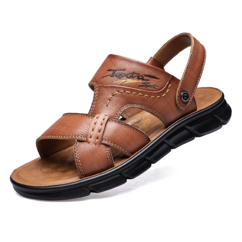 Männer Rindsleder Atmungsaktiv Geöffnet Rutschfeste Strand Casual Outdoor Sandalen