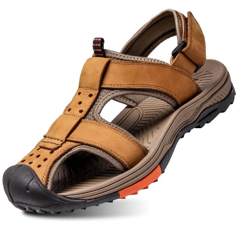 Männer Rindsleder Atmungsaktive Rutschfeste Geschlossene Zehen Strand Casual Outdoor Sandalen