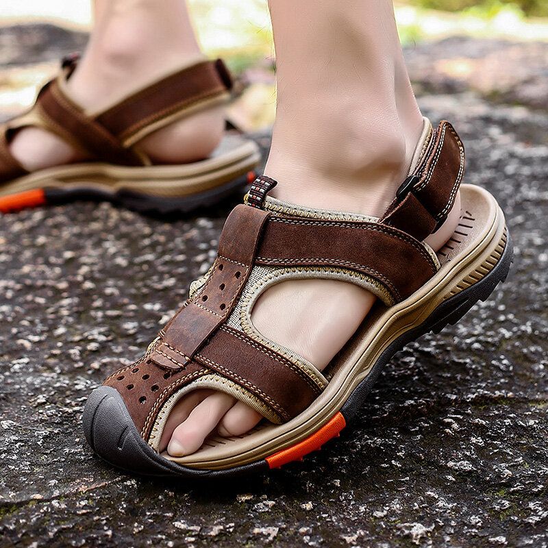 Männer Rindsleder Atmungsaktive Rutschfeste Geschlossene Zehen Strand Casual Outdoor Sandalen