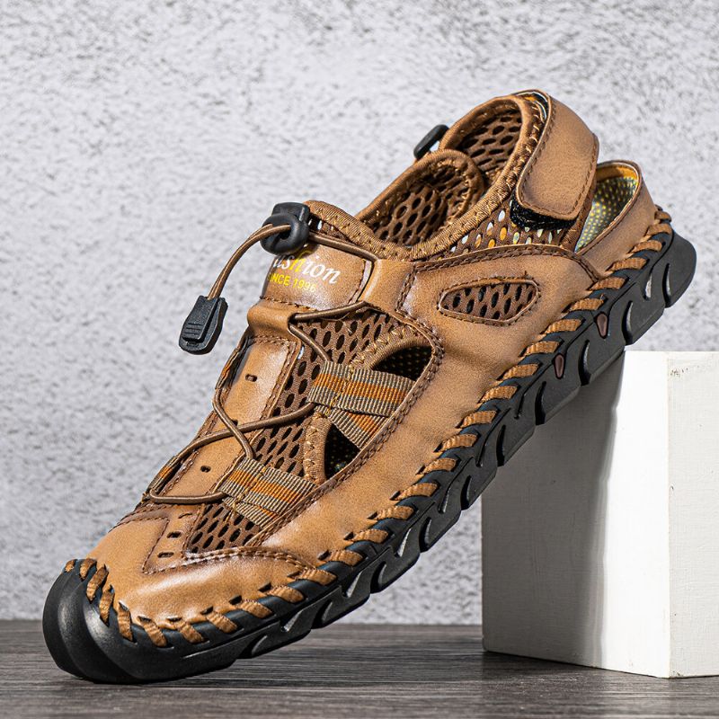 Männer Rindsleder Mesh Atmungsaktive Handnähte Weicher Boden Geschlossene Zehen Strand Lässige Outdoor-sandalen