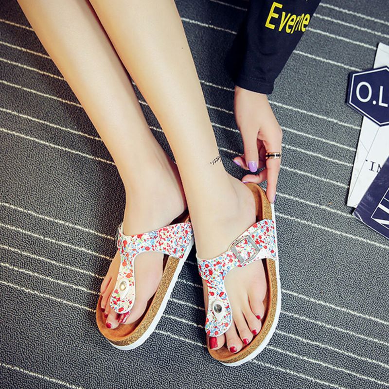 Plus Size Damen Casual Soft Sole Flip Flops Printing Beach Cork Sandalen