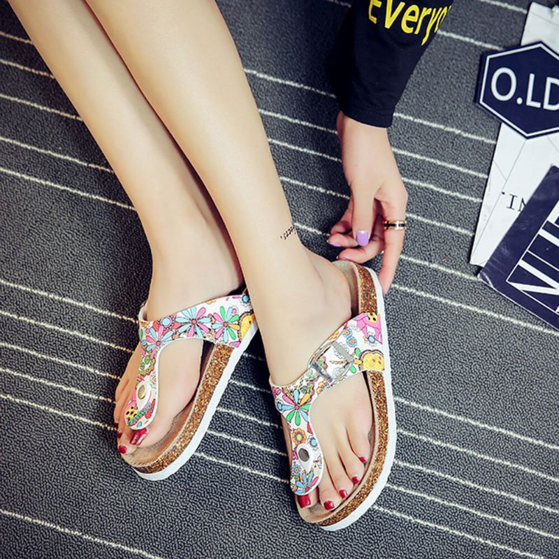 Plus Size Damen Casual Soft Sole Flip Flops Printing Beach Cork Sandalen