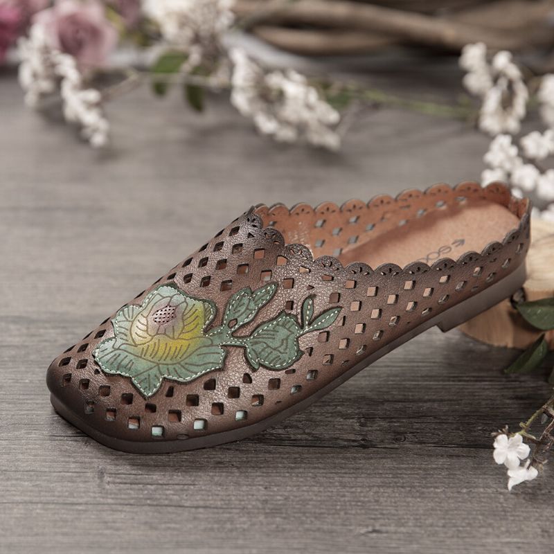 Retro-leder Mit Floralen Applikationen Ausschnitte Weiche Flache Pantoletten Clogs Slip-on-sandalen