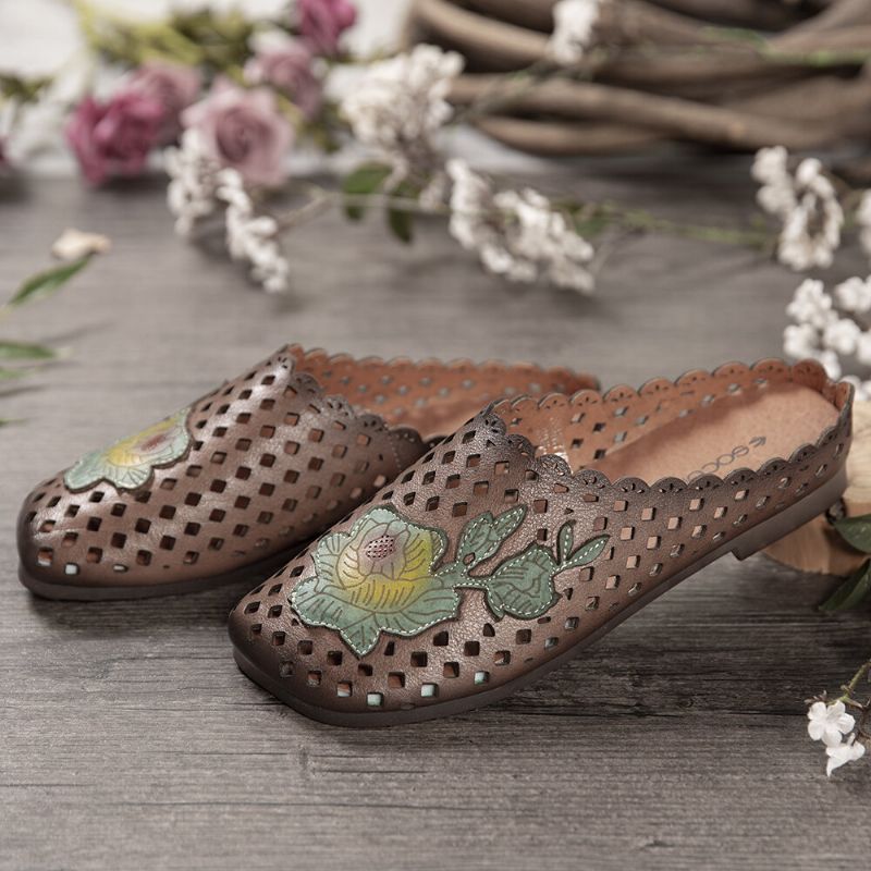 Retro-leder Mit Floralen Applikationen Ausschnitte Weiche Flache Pantoletten Clogs Slip-on-sandalen