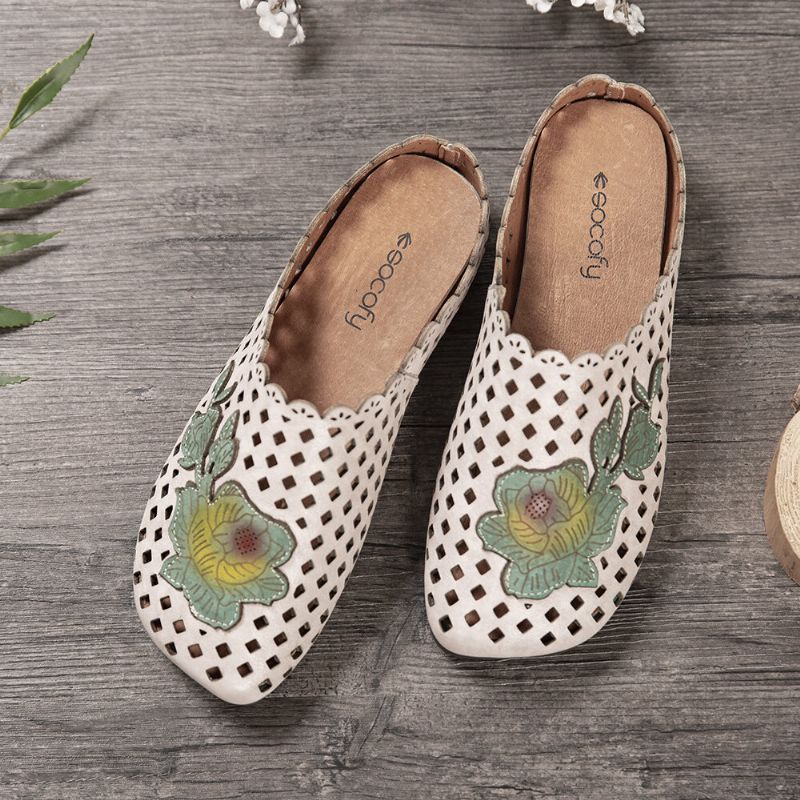 Retro-leder Mit Floralen Applikationen Ausschnitte Weiche Flache Pantoletten Clogs Slip-on-sandalen