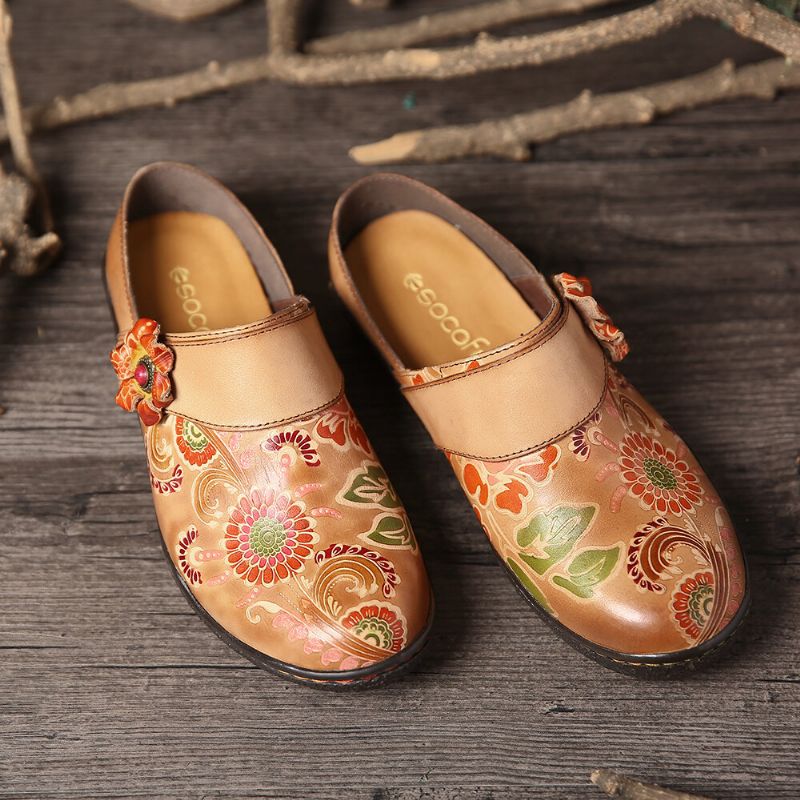 Superbequeme Slip-on-schuhe Aus Echtem Leder Mit Retro-blumenmuster Und Prägung