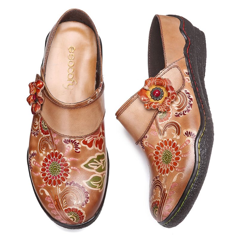 Superbequeme Slip-on-schuhe Aus Echtem Leder Mit Retro-blumenmuster Und Prägung