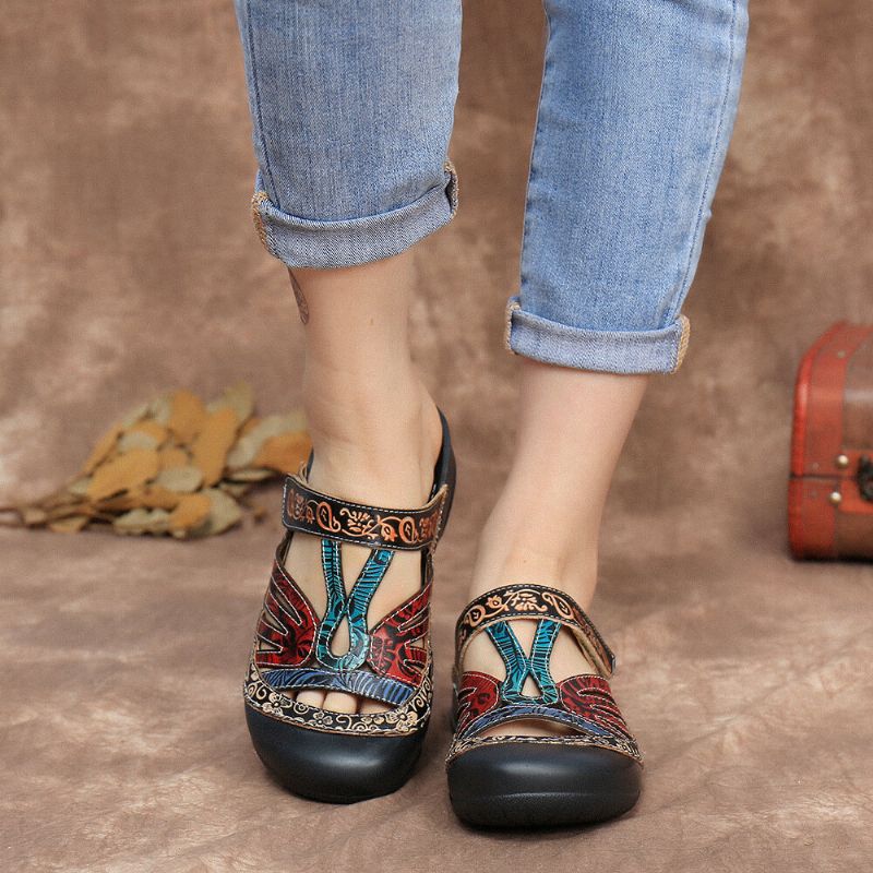 Vintage-leder Mit Floralem Ausschnitt Und Verstellbarem Riemen Zum Hineinschlüpfen Pantoletten Clogs Flache Sandalen