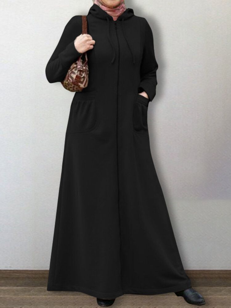 Damen Abaya Kaftan Mit Kapuze Einfarbig Knöchellang Lässig Midi-kleider