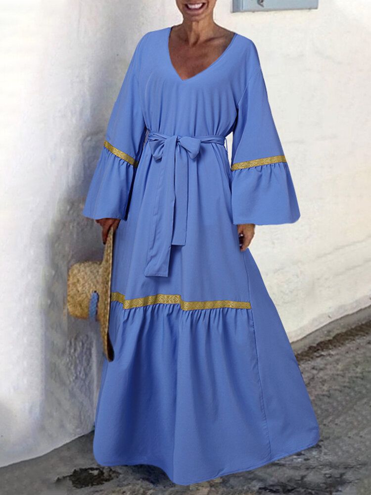 Damen Langarm Loose Flare Sleeve Gespleißte Feste Geometrische Maxi Länge Midi Kleider