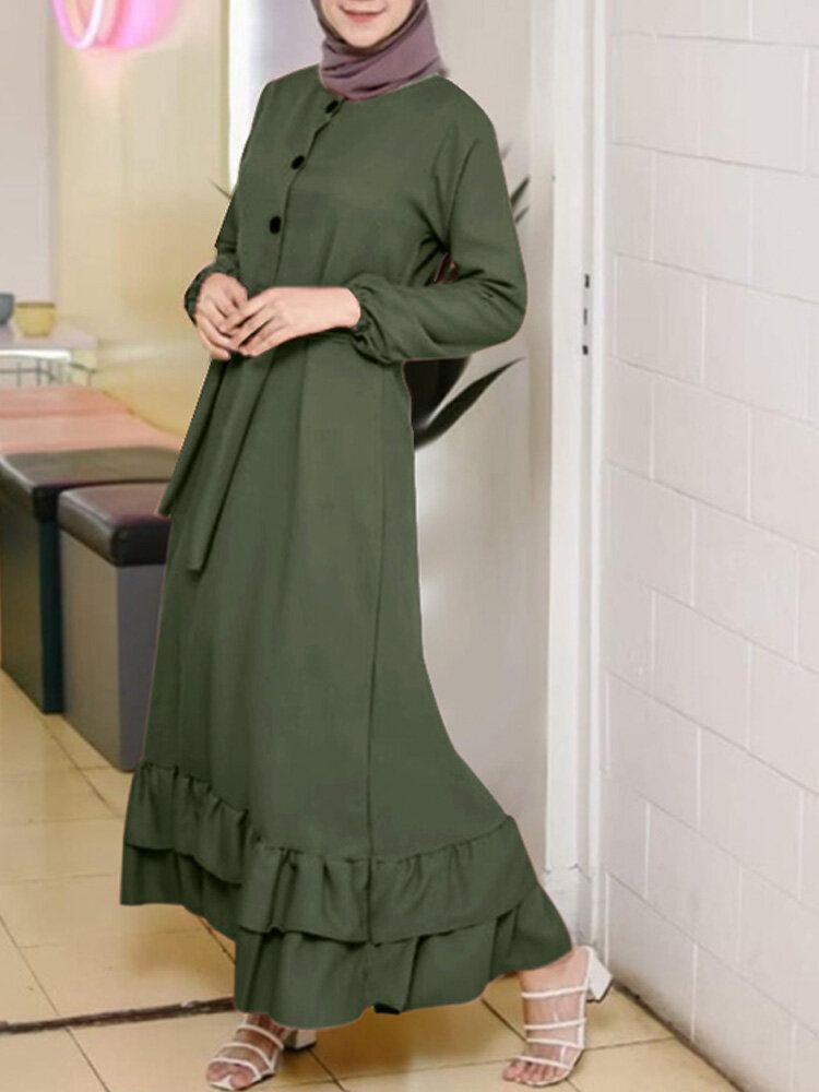 Damen Langarm Solid Rüschen Saum Abaya Kaftan Falten Knopf Midi Kleider