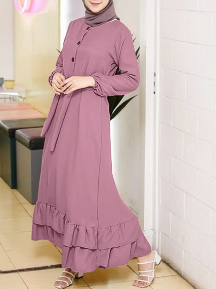 Damen Langarm Solid Rüschen Saum Abaya Kaftan Falten Knopf Midi Kleider