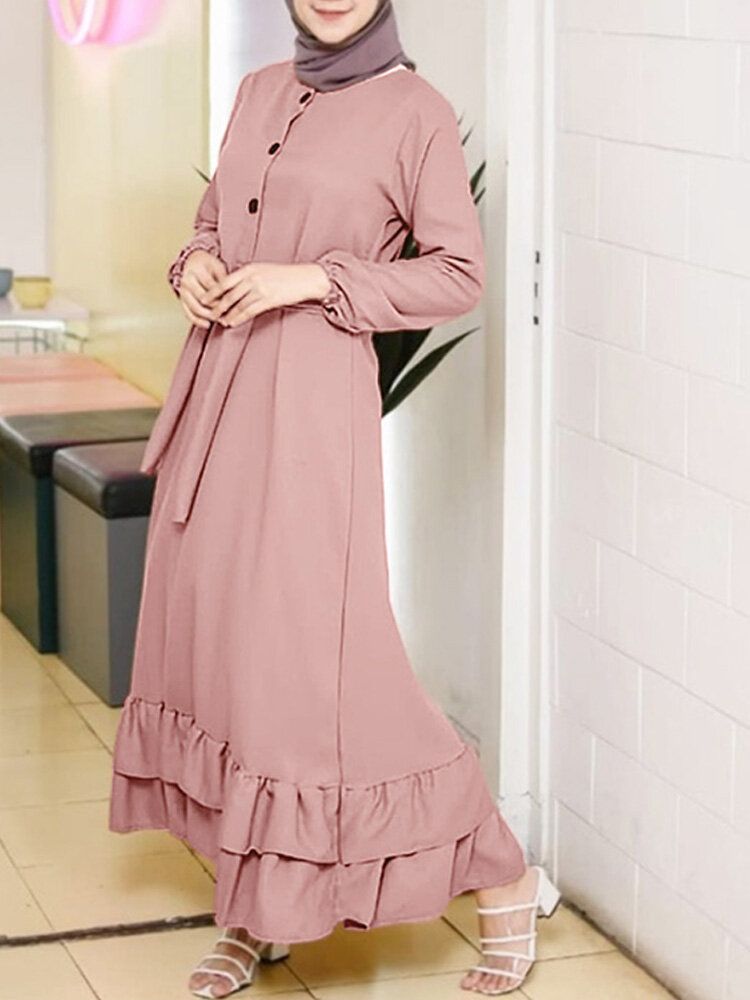 Damen Langarm Solid Rüschen Saum Abaya Kaftan Falten Knopf Midi Kleider