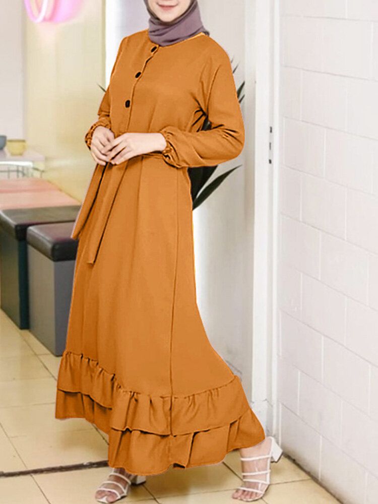 Damen Langarm Solid Rüschen Saum Abaya Kaftan Falten Knopf Midi Kleider