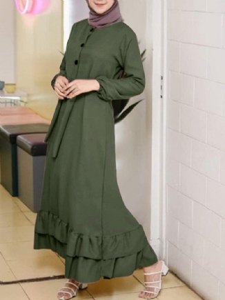 Damen Langarm Solid Rüschen Saum Abaya Kaftan Falten Knopf Midi Kleider