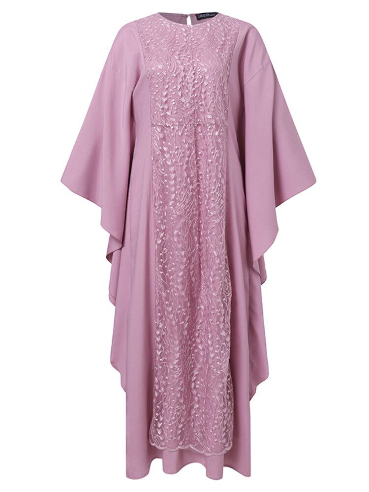 Damen-langarm-spitze-patchwork-fledermausärmel-kaftan-tunika-normallack-falten-midi-kleider