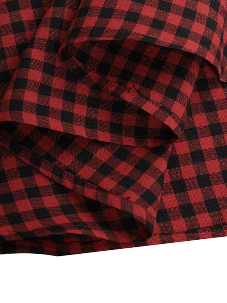 Damen Squre Neck Plaid Wadenlange Seitentaschen Lässige Midikleider