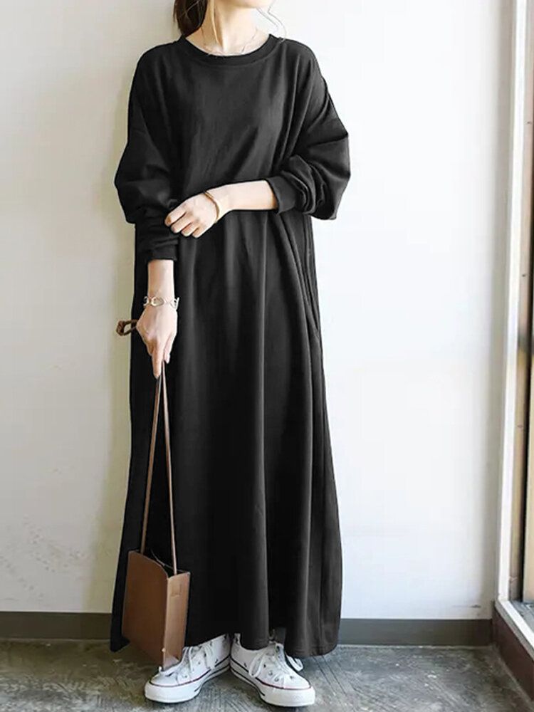 Damen-sweatshirt Solide Seitentaschen Maxi-länge Lässige Midi-kleider