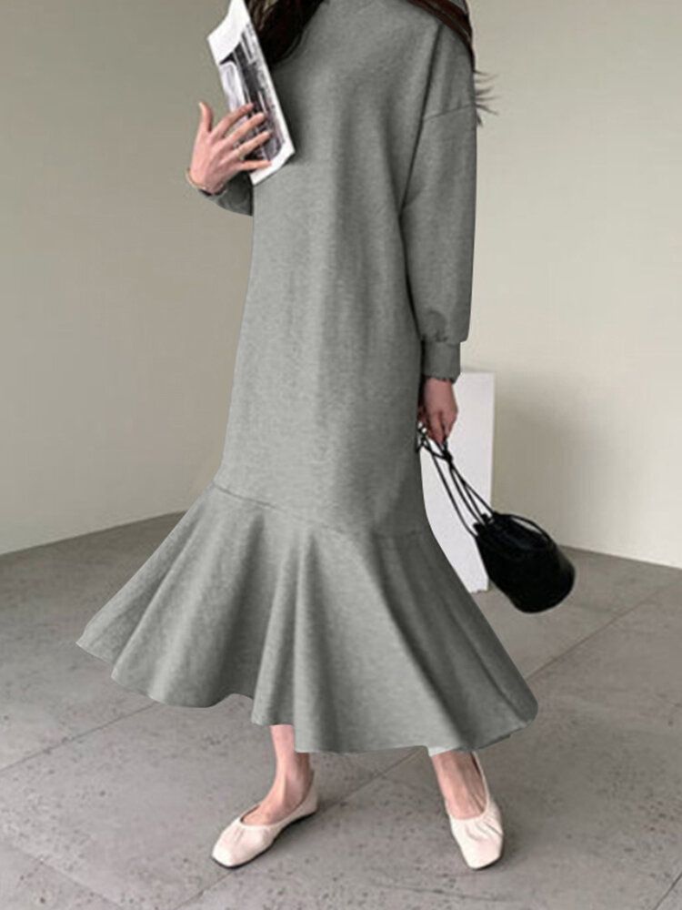 Einfarbiges Damen-sweatshirtkleid Mit Rüschen Puffärmeln Wadenlänge Midikleider Mit O-ausschnitt