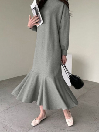 Einfarbiges Damen-sweatshirtkleid Mit Rüschen Puffärmeln Wadenlänge Midikleider Mit O-ausschnitt