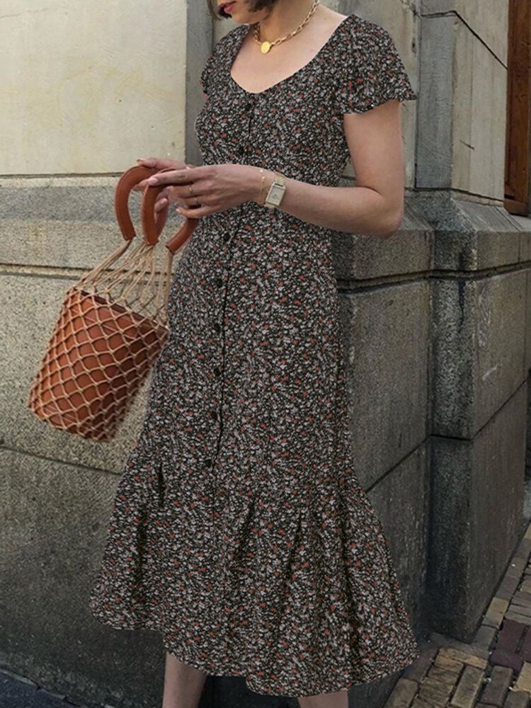 Elegantes Europäisches Rüschen-blumen-freizeitkleid Für Frauen