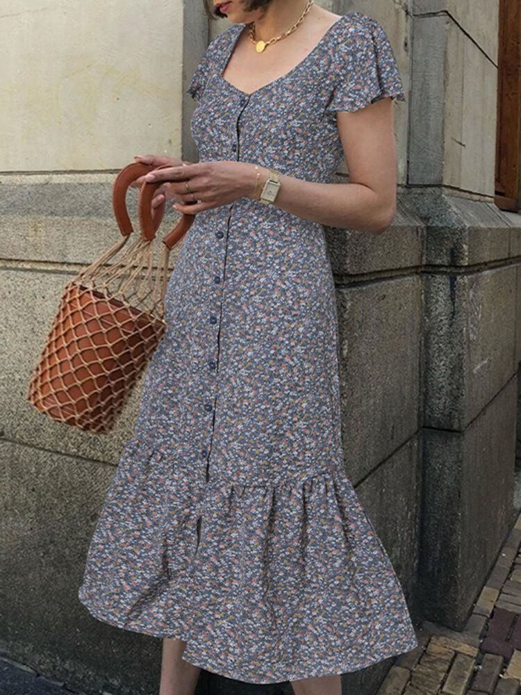 Elegantes Europäisches Rüschen-blumen-freizeitkleid Für Frauen