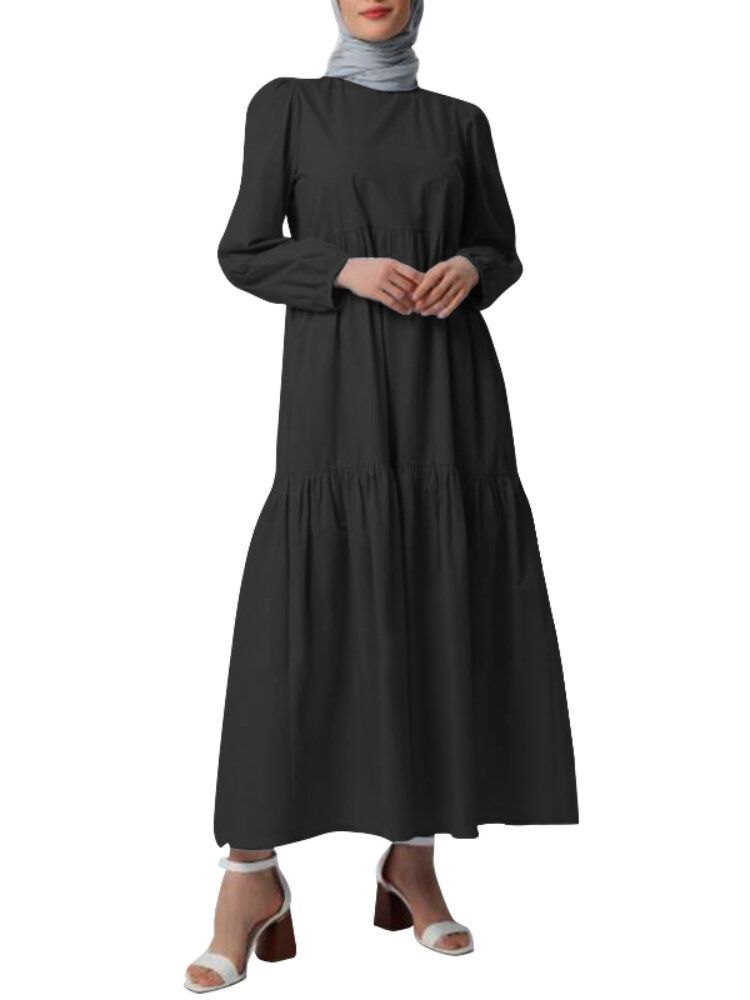 Frauen Abaya Kaftan Kleid Mit Rundhalsausschnitt Und Geschichteten Rückenknöpfen