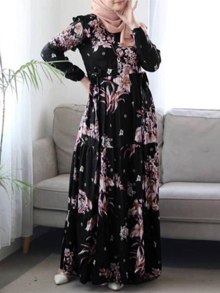 Frauen Floral Bedruckte Rüschen Dekorative Elastische Bündchen Kaftan Tunika Midikleid