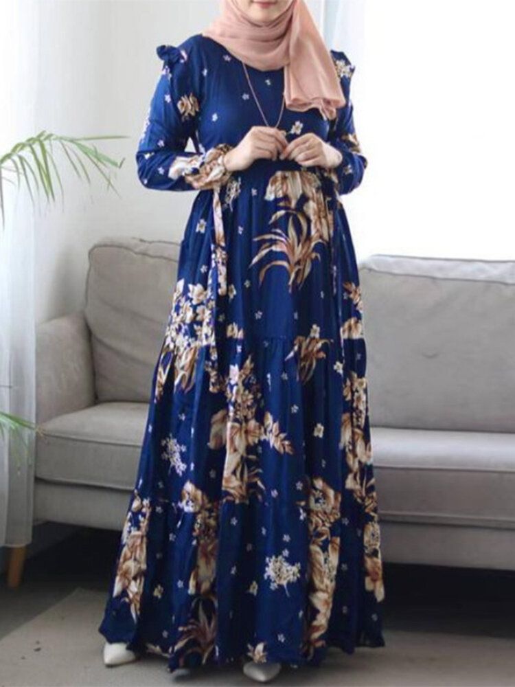 Frauen Floral Bedruckte Rüschen Dekorative Elastische Bündchen Kaftan Tunika Midikleid