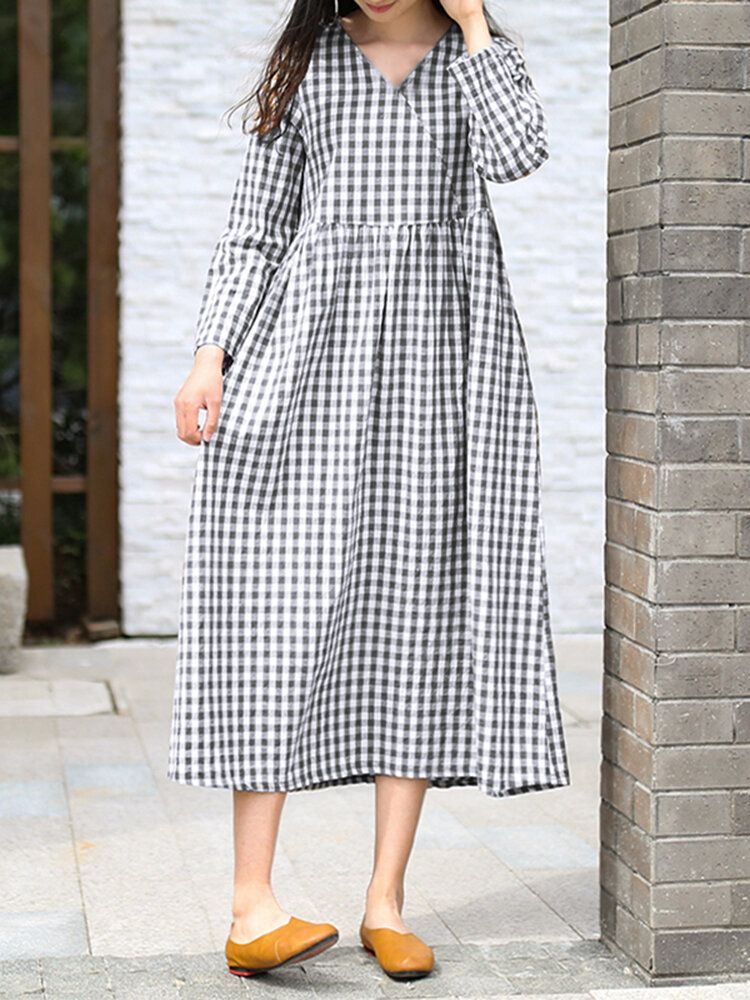 Frauen Klassisches Plaid Korean Style Tägliches Langarmkleid