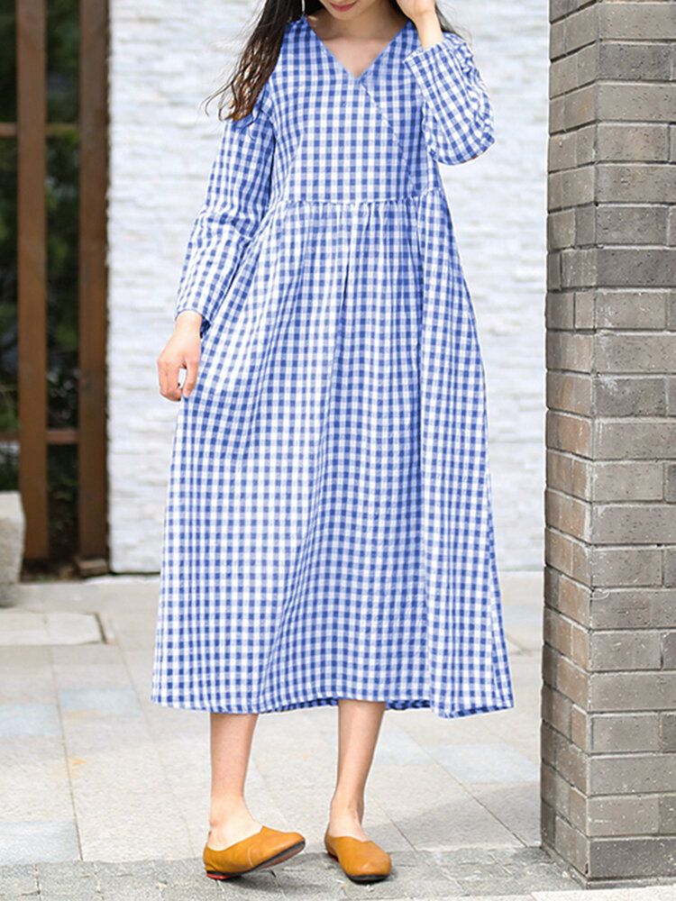 Frauen Klassisches Plaid Korean Style Tägliches Langarmkleid