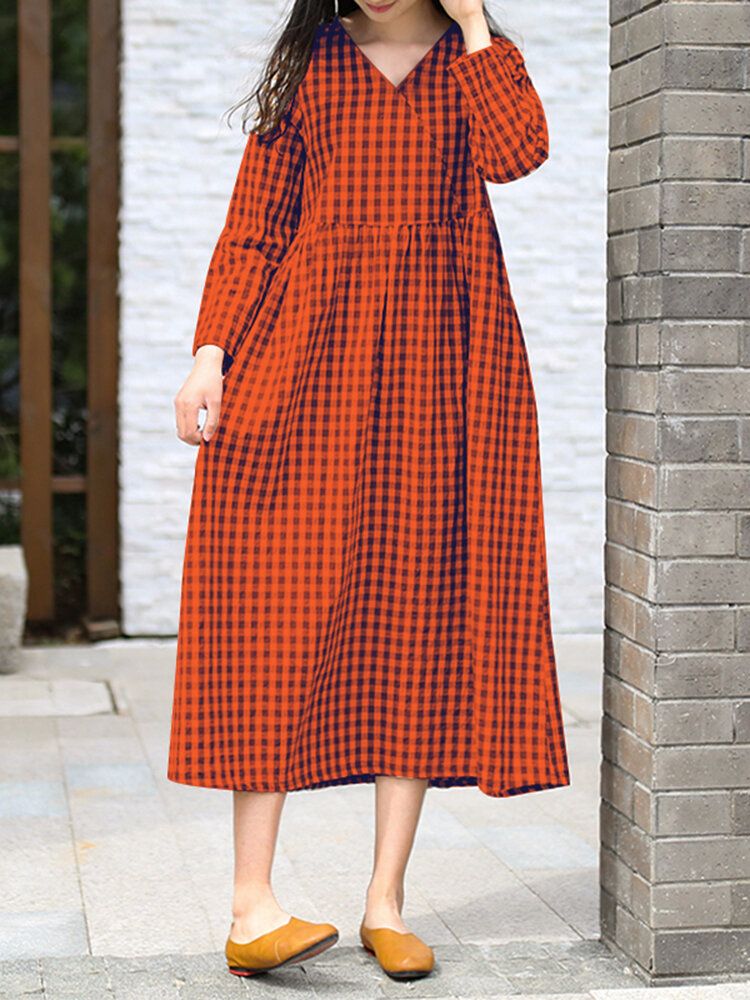 Frauen Klassisches Plaid Korean Style Tägliches Langarmkleid