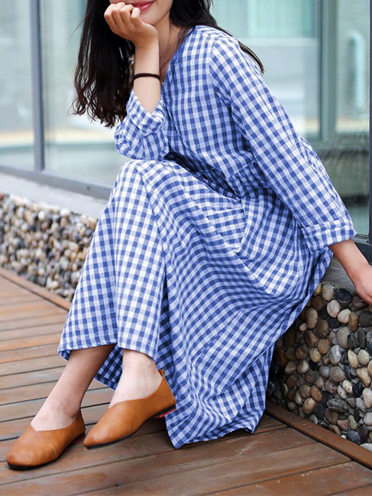 Frauen Klassisches Plaid Korean Style Tägliches Langarmkleid