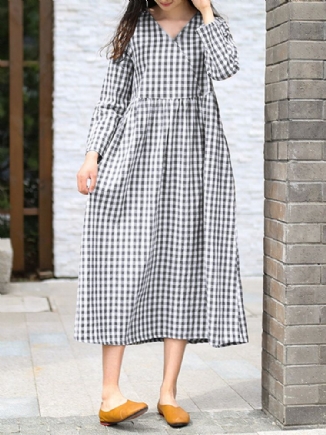 Frauen Klassisches Plaid Korean Style Tägliches Langarmkleid