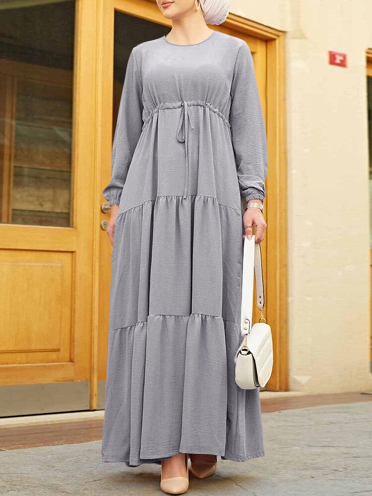 Frauen Langarm Zurück Knöpfe Kaftan Tunika Volltonfarbe Elastische Manschette Kordelzug Taille Midi Kleider