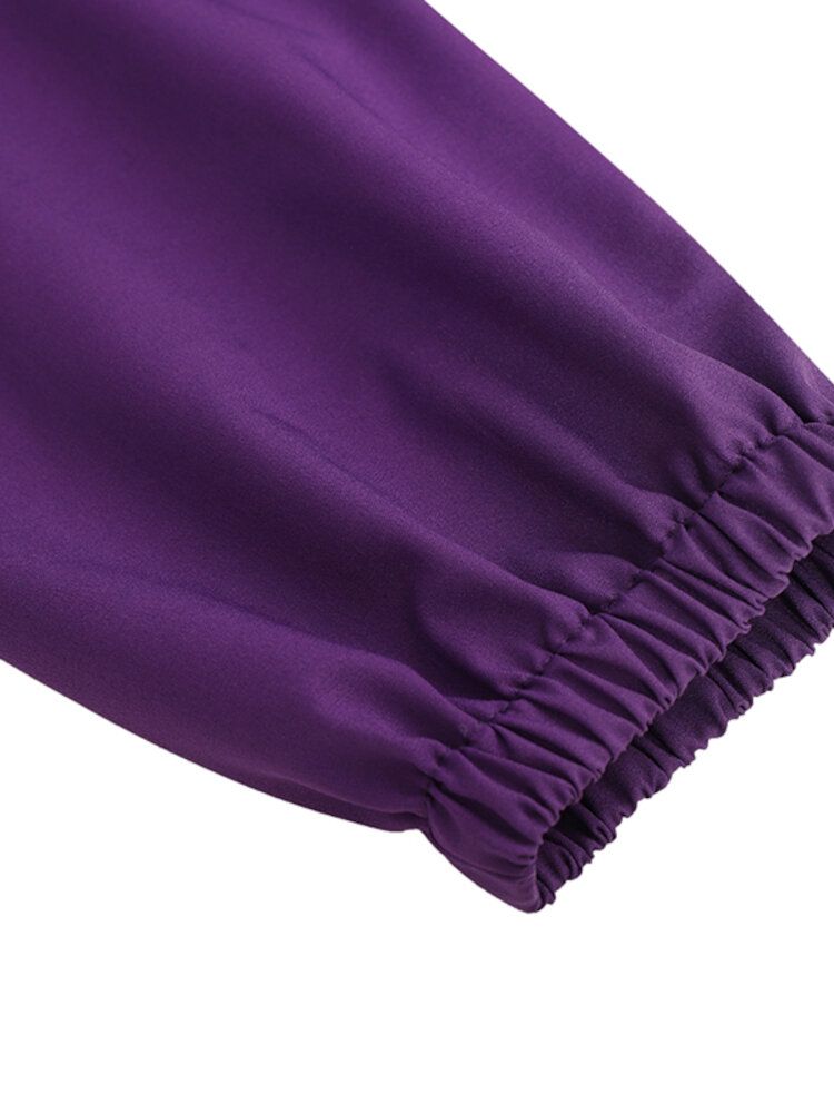 Frauen Langarm Zurück Knöpfe Kaftan Tunika Volltonfarbe Elastische Manschette Kordelzug Taille Midi Kleider